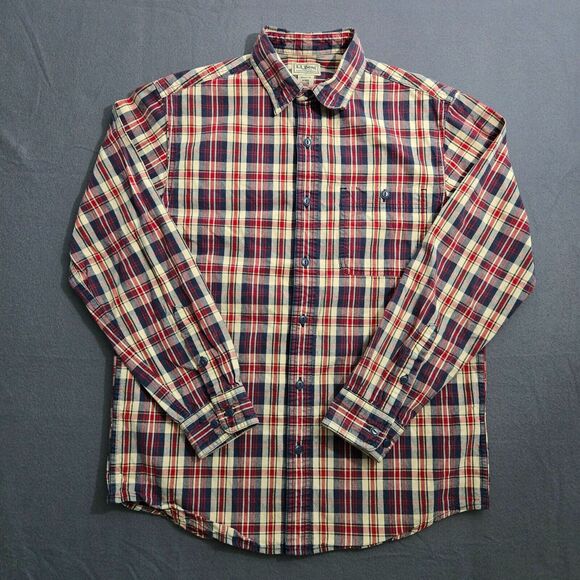 L.L. Bean Men S Reg Red Blue Plaid Button Up Denim Long Sleeve Shirt - Picture 1 of 11